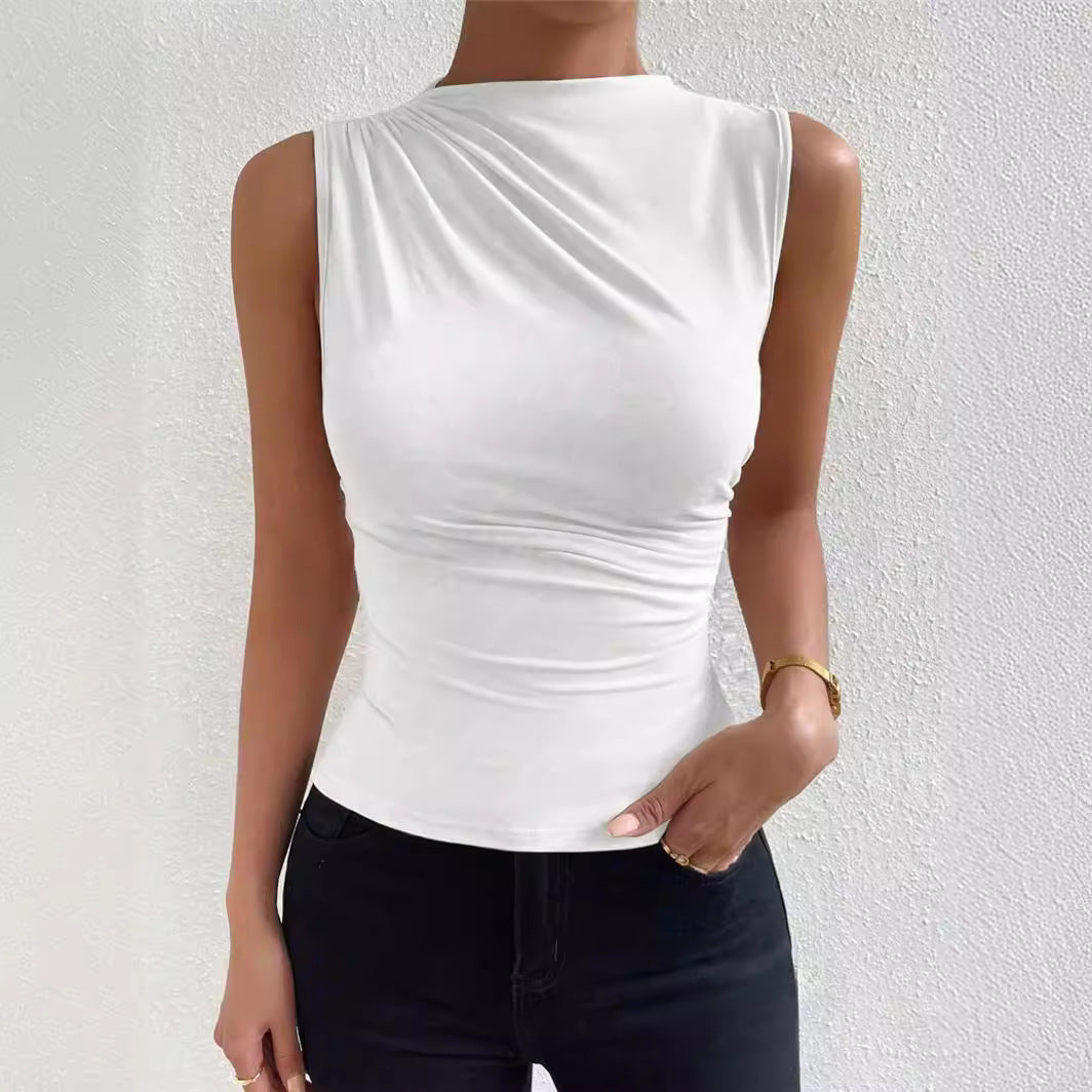 All-match Solid Color Pleated Sleeveless Pullover Half Turtleneck T-shirt