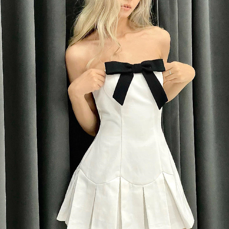 Bow Pleated Slim Tube Top Dress